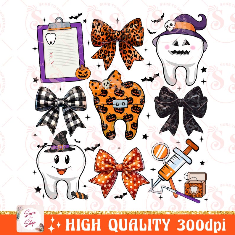 May include: A set of Halloween-themed digital clipart featuring various images, including a tooth with a witch's hat, a tooth with a pumpkin design, a tooth with a scary face, a clipboard with a checklist, a bow with a black and white checkered pattern, a bow with a leopard print, a bow with orange and white polka dots, a syringe with a mirror, and a box of dental floss.