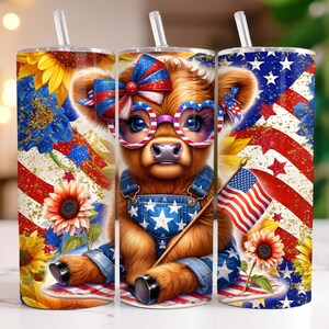 Highland Cow 4th Of July 20 oz Skinny Tumbler PNG Sublimation Design, 4th Of July Tumbler Wrap, Highland Cow Tumbler Wrap, Digital Download