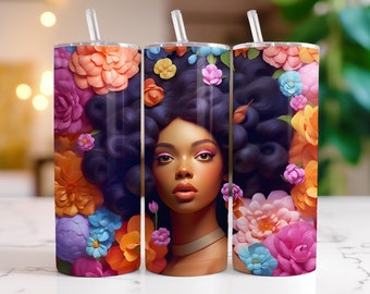 3D Black Women Tumbler Wrap African American Skinny 20 oz Tumbler Sublimation Design Afro Queen Black Girl tumbler, Straight & Tapered