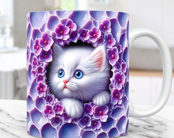 3D Kitten Hole In A Wall Mug Wrap, Cat Mug Wrap Sublimation Design PNG, 15oz and 11oz Coffee Cup Template, 3D Cute Cat Mug Press Design