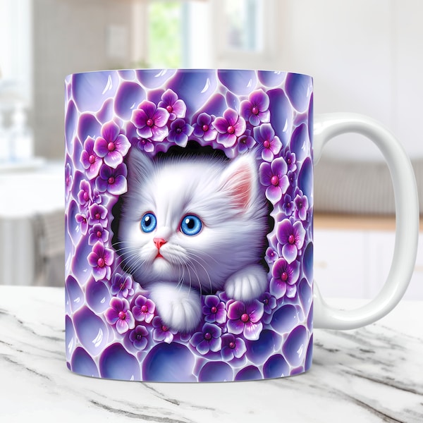 3D Kitten Hole In A Wall Mug Wrap, Cat Mug Wrap Sublimation Design PNG, 15oz and 11oz Coffee Cup Template, 3D Cute Cat Mug Press Design