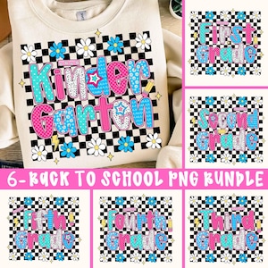 Back to School Bundle Png, Floral Teacher First Day of School Design, Girly Checkered Sublimation, Pre-K Kindergarten 1st/2nd/3rd Grade Png