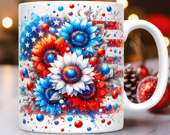 4th of July Mug Wrap American Flag Sunflowers Mug PNG Sublimation Design Floral Patriotic Independence Day 11oz 15oz Coffee Cup Template Mug