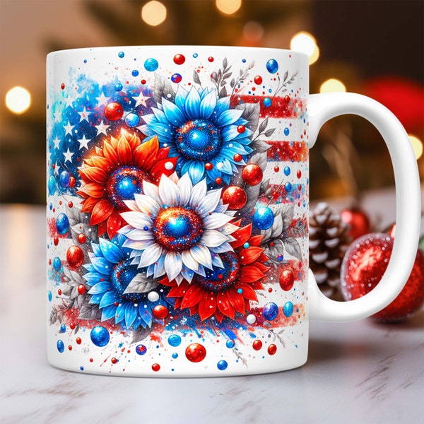 4th of July Mug Wrap American Flag Sunflowers Mug PNG Sublimation Design Floral Patriotic Independence Day 11oz 15oz Coffee Cup Template Mug