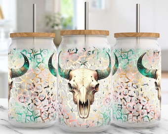 Boho Cow Skull Glass Can Wrap 16oz Glass Can PNG Sublimation Design Boho Bull Skull Can Glass Wrap Country Western Cowgirl Cup Wrap