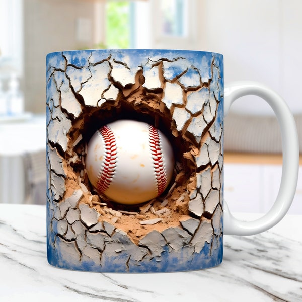 3D Vintage Baseball Mug Wrap, 3D Cracked Hole Baseball Mug Wrap Sublimation Design PNG, 3D Mug Design 11oz and 15oz Baseball Mug Wrap