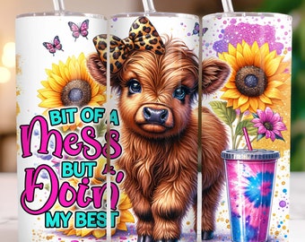 Cute Highland Cow Tumbler Wrap, 20oz Skinny Sublimation Tumbler Design, Seamless Highland Cow Tumbler Png Download, Funny Tumbler Wrap