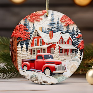 3D Red Truck Ornament Christmas PNG Sublimation Design, 3D Christmas Farmhouse Round Ornament PNG, Instant Digital Download