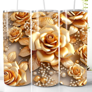 3D Pearl Gold Roses Flowers 20 oz Tumbler Wrap, Skinny Tumbler Sublimation Design, Straight & Tapered Tumbler PNG, Instant Digital Download
