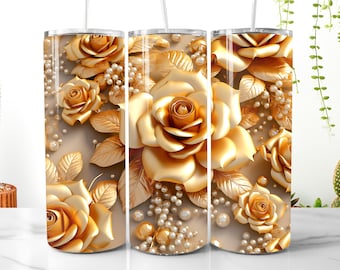 May include: Three stainless steel tumblers featuring a gold rose and pearl design. The tumblers are all the same size and have a white background.
