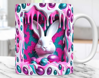 3D konijn gat in een muur mok wrap Pasen 11oz en 15oz mok png-sjabloon, mok sublimatie ontwerp, paasmok wrap sjabloon, digitale download