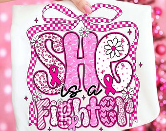 Preppy Breast Cancer Png, She is a Fighter Png, Breast Cancer Awareness Shirt Png, Coquette In October We Wear Pink Png, Girly Pink Ribbon