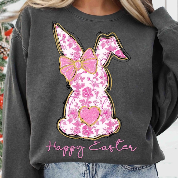 Coquette Happy Easter Png Girl Easter Coquette Png Pink Floral Chinoiserie Bunny Png Grand Millennial Easter Day png Toile Easter Rabbit Png