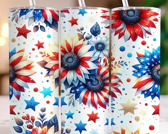 4th of July Tumbler Wrap 20 oz Skinny Tumbler PNG Sunflowers American Flag Sublimation Design Floral Patriotic Independence Day Tumbler Wrap
