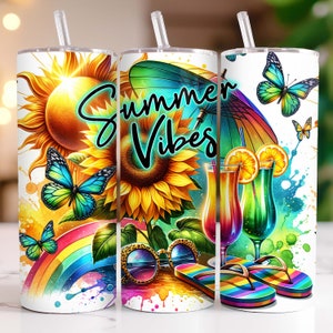 Summer Vibes Tumbler Wrap, 20 Unzen Skinny Sublimationsbecher Design, Flip Flop Tumbler Png Downloads, Aquarell Sommer Tumbler Wrap
