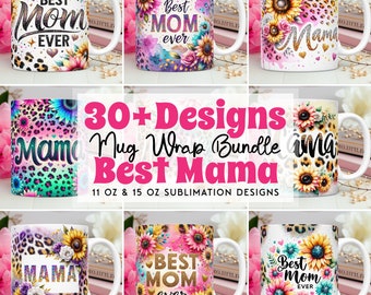 Mama Mug Wrap Bundle Taza de girasoles PNG Diseños de sublimación 15oz 11oz Leopardo Floral Mamá Vida Taza Envoltura Plantilla del Día de la Madre Taza de café