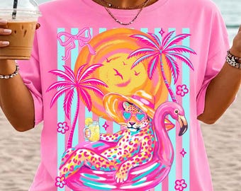 Preppy Summer PNG Coquette Summer PNG Girly Beach Tee Retro Leopard Shirt Design Cute Summer Graphic Summer Vibes Png File