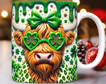St Patrick's Day Highland Cow Mug Wrap Sublimation Design PNG St Patrick's Day 11oz 15oz Coffee Cup Template Highland Cow Mug Press Design