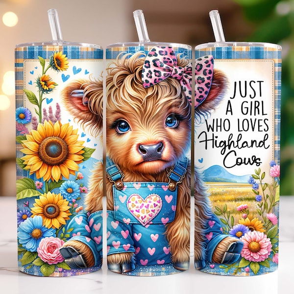 Just a Girl Who Loves Highland Cows 20 oz Skinny Tumbler Sublimation Design, Baby Highland Cow Tumbler Wrap, Cow Tumbler PNG