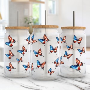 Patriotic Butterfly Glass Can Wrap 16oz Glass Can PNG Butterfly Tumbler Sublimation Design American Flag Can Glass Wrap 4th of July Cup Wrap