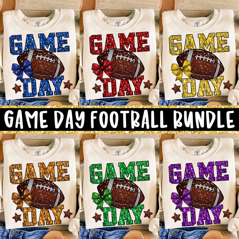 Puede incluir: Sudaderas de color crema con las palabras "GAME DAY" y un gr&aacute;fico de f&uacute;tbol. Cada sudadera tiene una combinaci&oacute;n de colores diferente: azul, rojo, dorado, naranja, verde y morado. El texto "GAME DAY FOOTBALL BUNDLE" se muestra en una pancarta.
