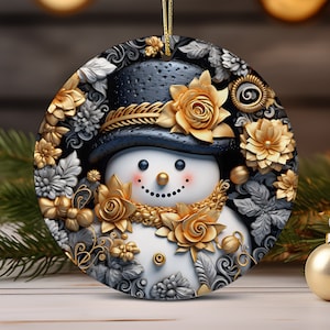 3D Gold Snowman Christmas Ornament Sublimation Designs Christmas Round Ornament PNG, Digital Download