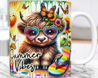 Tazza estiva con mucca delle Highlands, design per sublimazione della tazza con mucca delle Highlands, modello per tazza da 11oz e 15oz, modello per tazza estiva PNG, download digitale