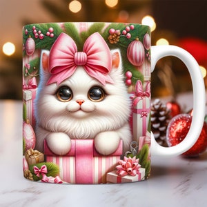 Pink Christmas Cat Mug Wrap Kitten Christmas Mug Wrap Sublimation Design PNG Xmas Cat Mug Press Design 11oz and 15oz Coffee Cup Template