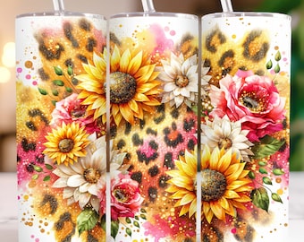 Envoltura para vaso de girasoles, vaso delgado de 20 oz, diseño de sublimación de leopardo con purpurina PNG, envoltura para vaso de girasoles con purpurina sin costuras