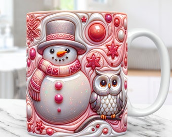 3D-Schneemann-Becher-Verpackungs-Weihnachtsbecher-Verpackung Aufgeblasenes Sublimations-Design 3D Puffy Schneemann-Becher PNG-Presse-Design 11 Unze und 15 Unze Kaffeetasse Vorlage
