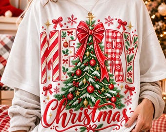 Checkered Merry Christmas Png, Preppy Christmas Shirt Png, Faux Glitter Red Plaid Png, Christmas Tree, Coquette Bow Holiday Christmas Design