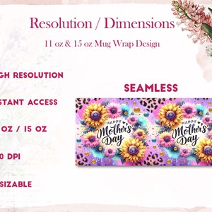 Op de afbeelding: Een naadloos digitaal ontwerp met zonnebloemen, luipaardprint en kleurrijke verfspatten. Het ontwerp bevat de tekst "Happy Mother's Day". Dit ontwerp is geschikt voor 11 oz en 15 oz mokken.