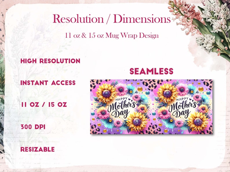 Op de afbeelding: Een naadloos digitaal ontwerp met zonnebloemen, luipaardprint en kleurrijke verfspatten. Het ontwerp bevat de tekst "Happy Mother's Day". Dit ontwerp is geschikt voor 11 oz en 15 oz mokken.