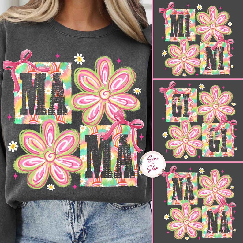 Blommigt mamma png-paket, matchande mamma mini png, mamma klotter png, mamma png, preppy mamma png, present till mamma, mors dag png, retro blommig png bild 1