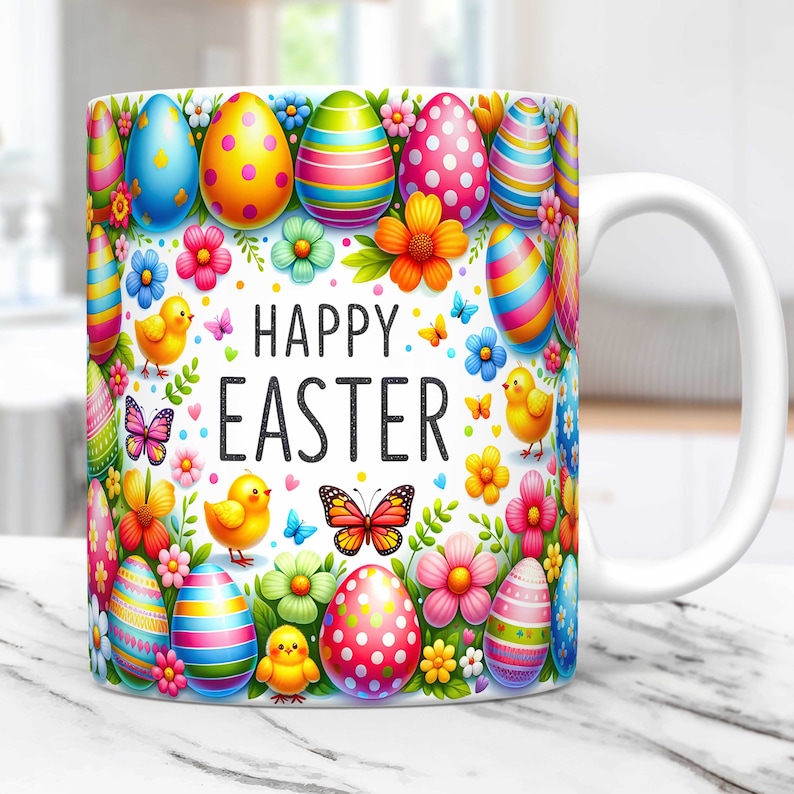 May include: White ceramic mug with a colorful Easter design. The mug features a border of pastel-colored Easter eggs, flowers, butterflies, and chicks. The text "Happy Easter" is in the center of the mug.