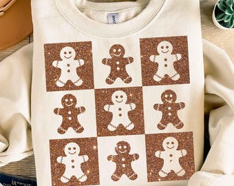 Hombre de jengibre a cuadros retro PNG, PNG navideño con purpurina, diseños de sublimación navideños, diseño de camisetas navideñas, lindos cuadros navideños PNG