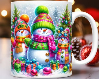 Caneca de Natal Boneco de Neve Envoltório de Caneca Boneco de Neve Envoltório de Caneca Sublimação Design PNG Boneco de Neve Caneca Fofa Imprensa Design PNG Natal 11oz e 15oz Caneca Modelo
