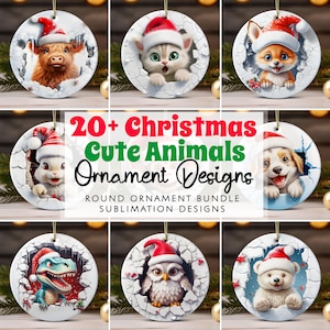 3D Christmas Break Through Ornament Bundle PNG Sublimation Designs, Cute Christmas Animals Round Ornament PNG Template, Digital Download
