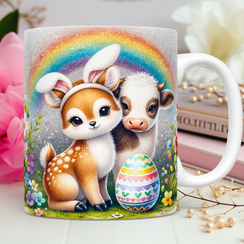May include: White ceramic mug featuring a colourful illustration of a deer wearing bunny ears, a cow, and an Easter egg. The background includes a rainbow and flowers.