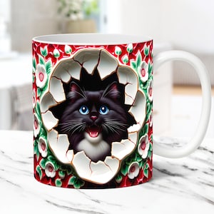 3D Kitten Hole In A Wall Mug Wrap Cat Mug Wrap Sublimation Design 11oz and 15oz Coffee Cup Template 3D Floral Cute Cat Mug PNG Press Design
