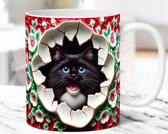 Tazza con gatto 3D con buco nel muro, modello per tazza da caffè da 11 e 15 once, modello per tazza con gatto carino floreale 3D, design a sublimazione PNG