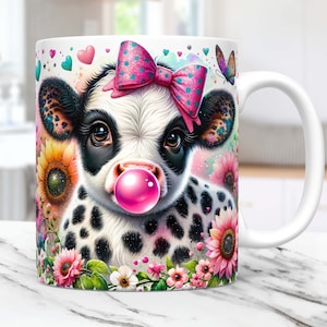 Sunflowers Cow Mug Wrap 11oz 15oz Cow Mug PNG Sublimation Design Floral Glitter Cow Mug Wrap Coffee Cup Cow Mug Template, Digital Download