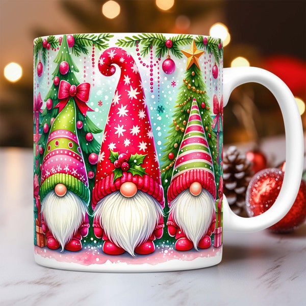 Gnomes Christmas Mug Wrap, Gnomes Mug Wrap Sublimation Designs PNG, 11oz and 15oz Mug Template, Cute Christmas Mug Press Design