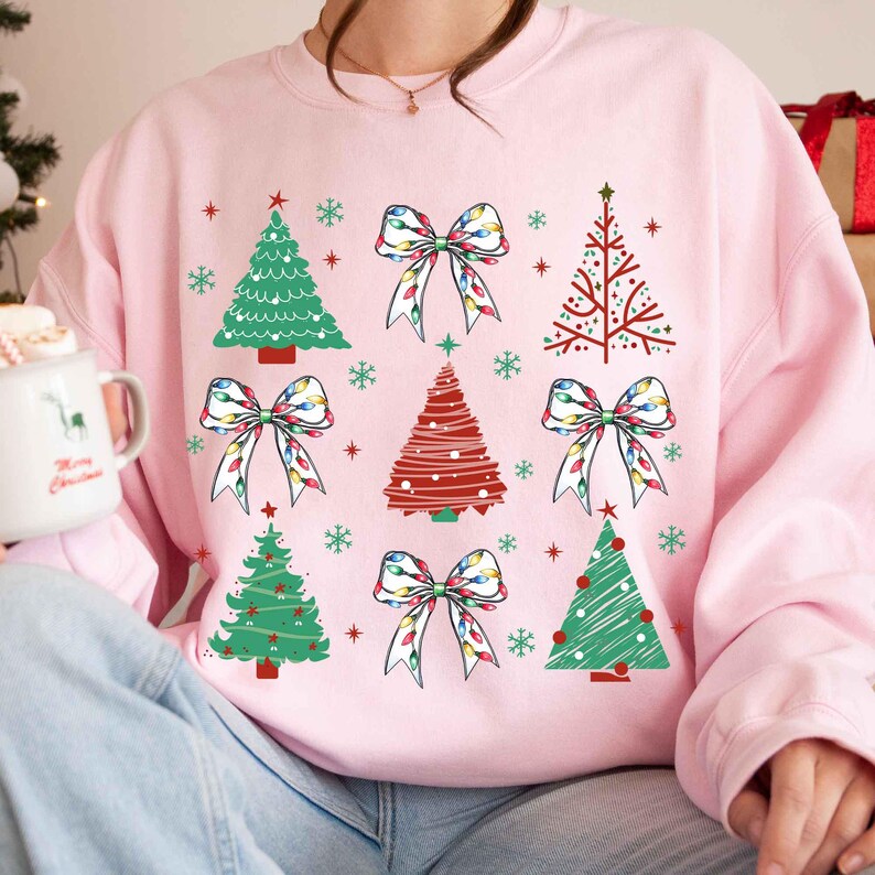 Christmas Lights Coquette Bow Png, Christmas Tree Png, Pink Christmas