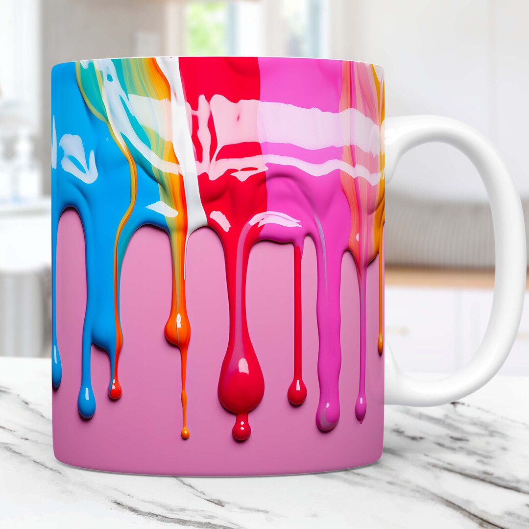3D Rainbow Dripping Paint Mug Wrap, 3D Mug Sublimation Design Mug Wrap
