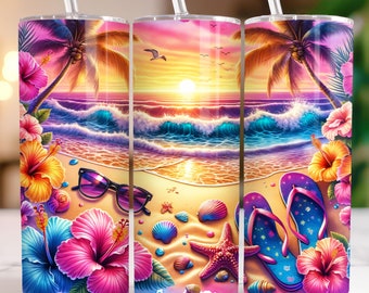 Beach Sunset 20 oz Tumbler Wrap, Flip Flops Sunglasses Beach Skinny Sublimation Design PNG, Ocean Tumbler Wrap, Summer Tumbler Wrap Png