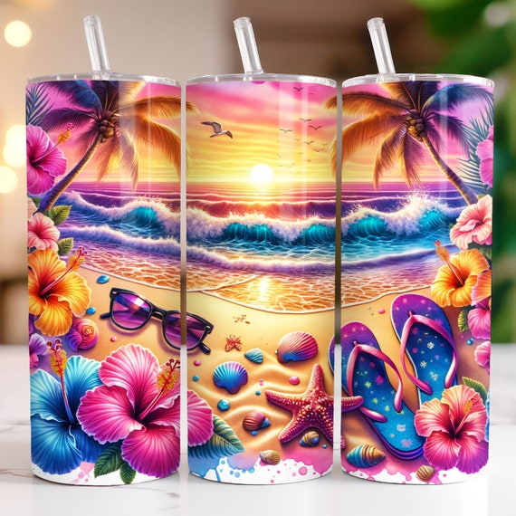 Beach Sunset 20 oz Tumbler Wrap, Flip Flops Sunglasses Beach Skinny Sublimation Design PNG, Ocean Tumbler Wrap, Summer Tumbler Wrap Png