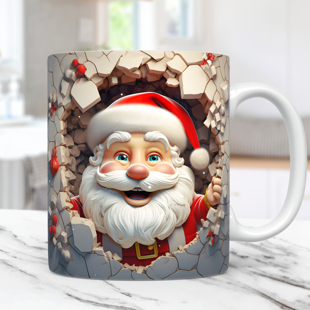 3D Santa Mug Wrap, 3D Christmas Mug Wrap Sublimation Design PNG, 3D ...