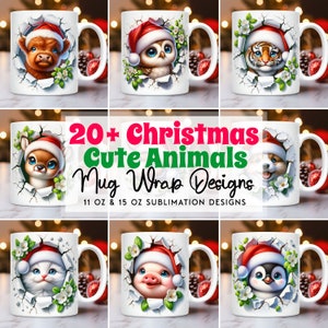Christmas Animals Mug Wrap Bundle Cute 3D Christmas Mug Wrap Sublimation Designs PNG 11oz & 15oz Coffee Cup Template Animal Mug Press Design