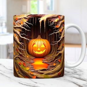 May include: A white ceramic mug with a Halloween-themed design. The mug features a jack-o'-lantern pumpkin inside a hollowed-out tree trunk with autumn leaves and vines.